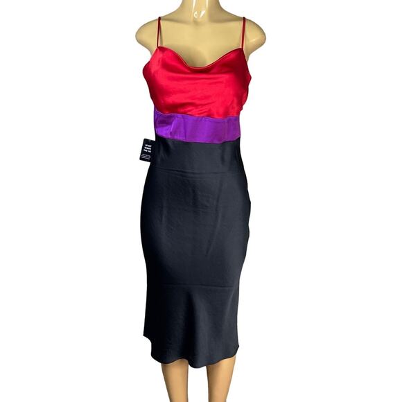 Express Satin Colorblock Tier Cowl Neck Sleeveless Midi Slip Dress Medium NWT - Picture 1 of 9
